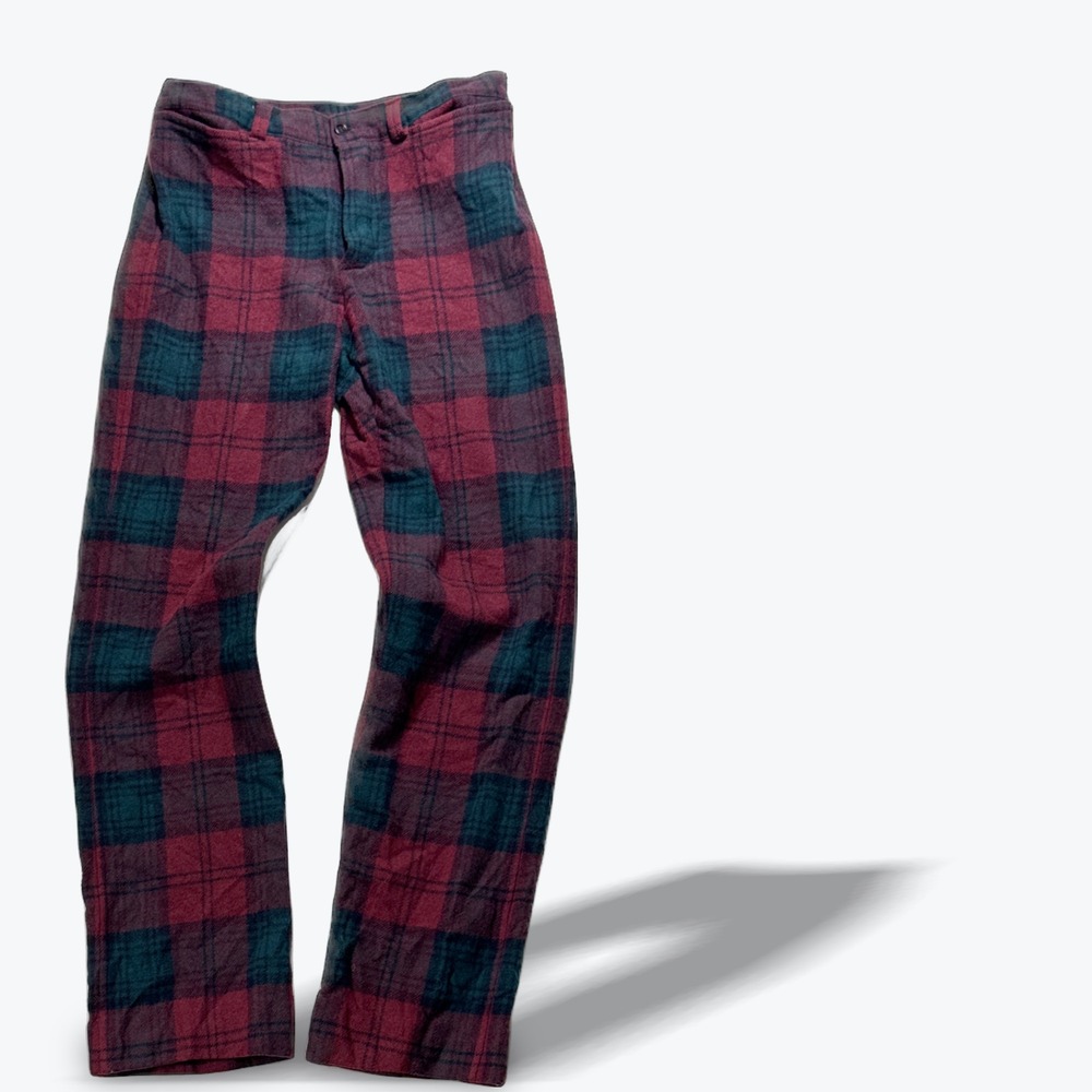 Vintage Tartan Plaid Trousers Straight Leg Burgundy Green High Rise Pants 29